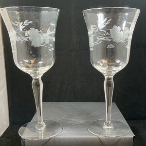 Colony Glass Danube Etched Floral Wine Goblets MCM Hand Blown Elegant Glass